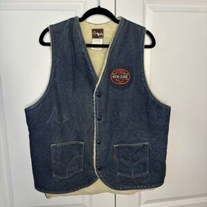 Vintage Canadian Caribou Denim Vest Mens XXL Faux Sherpa Moto Sturgiss Patch